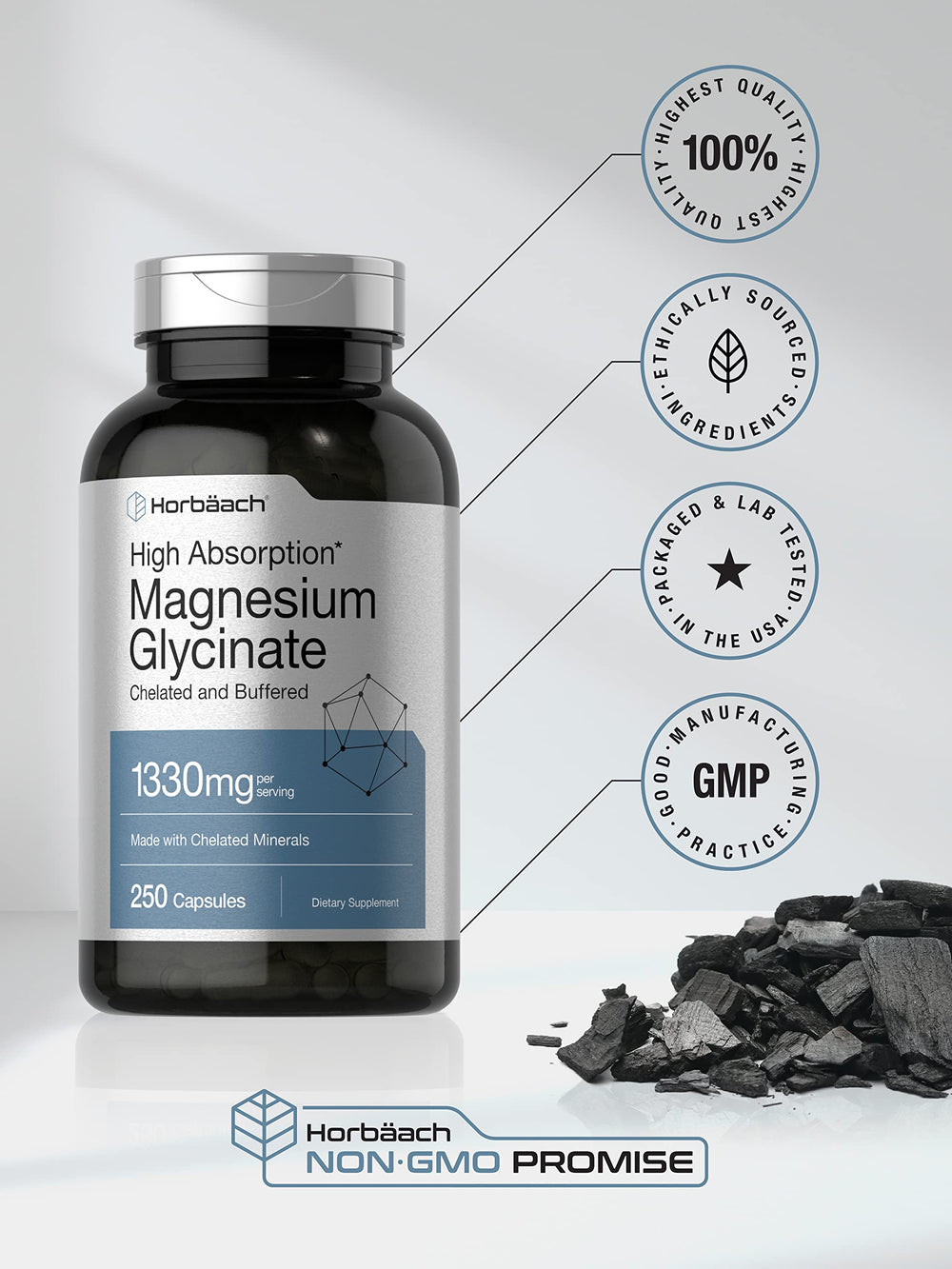 Non-GMO and gluten-free badge on Horbäach magnesium glycinate packaging