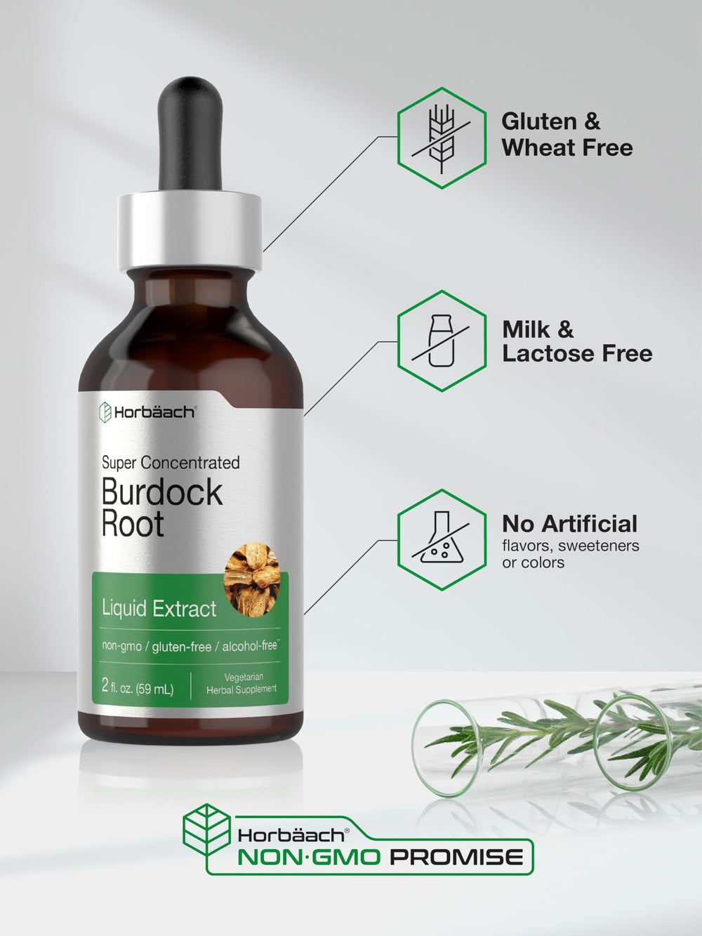 Horbäach Burdock Root Tincture amber bottle protects potency during storage.