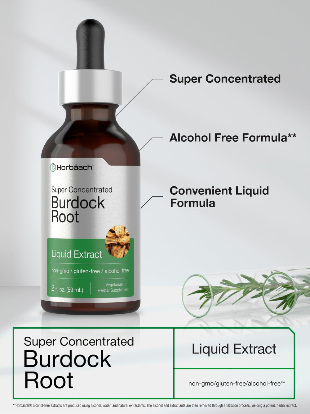 Horbäach Burdock Root Tincture label close-up showing purity and potency.