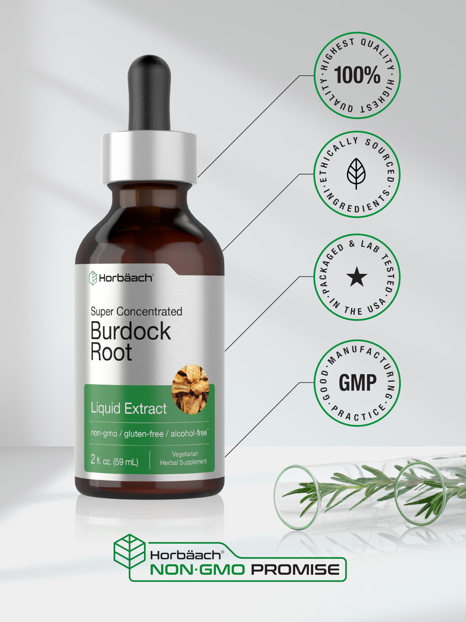 Horbäach Burdock Root Tincture packaging box highlighting non-GMO and gluten-free features.