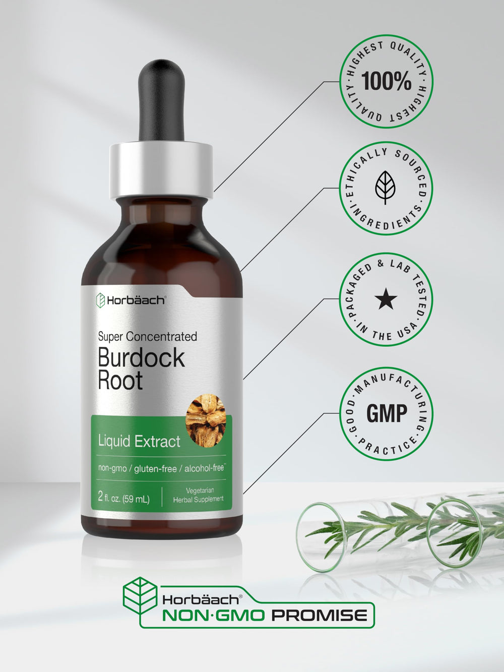 Horbäach Burdock Root Tincture packaging box highlighting non-GMO and gluten-free features.