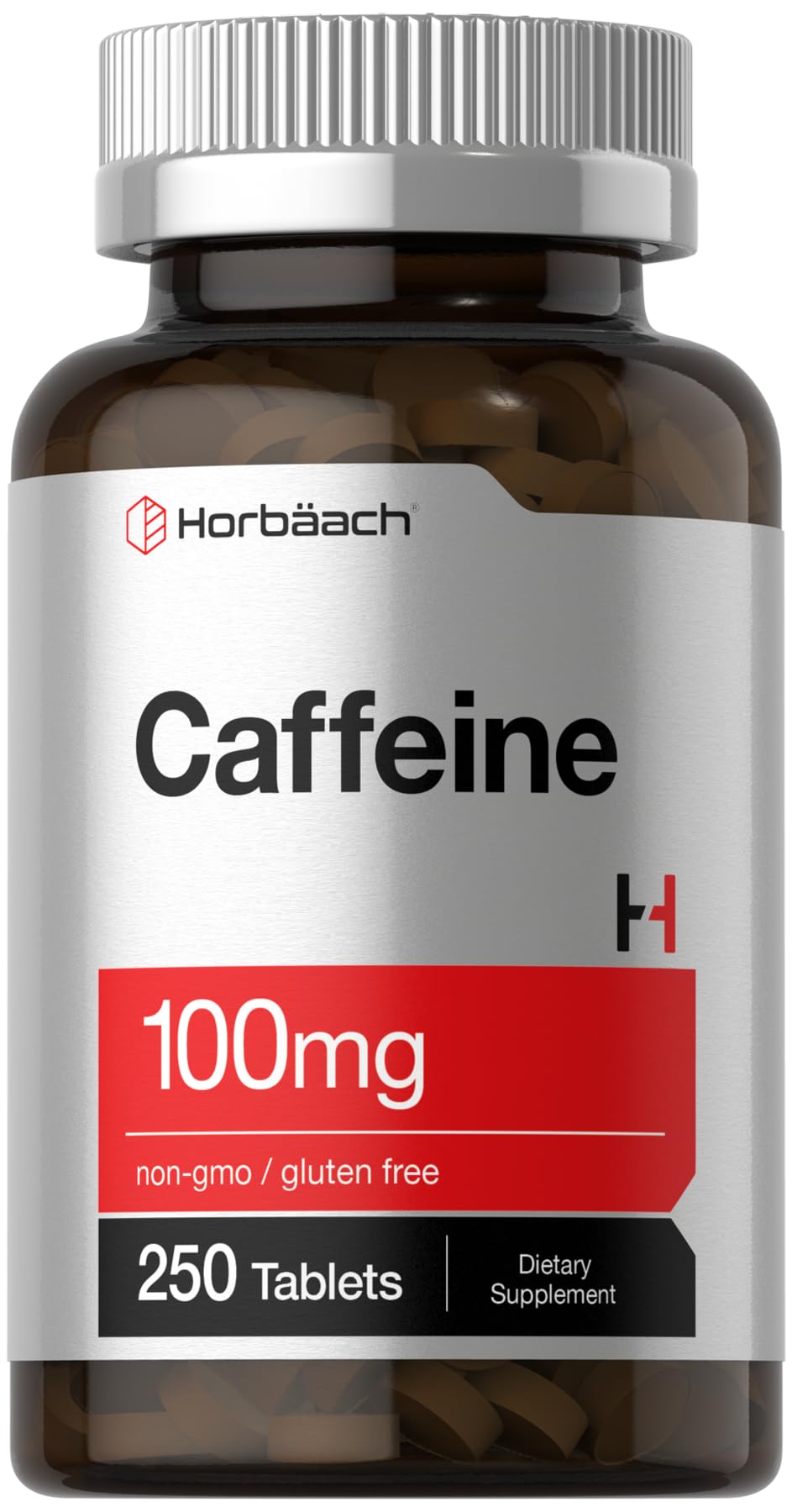 Horbaach Caffeine Pills 100mg tablets in bottle for daily energy support.