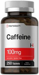 Horbaach Caffeine Pills 100mg tablets in bottle for daily energy support.