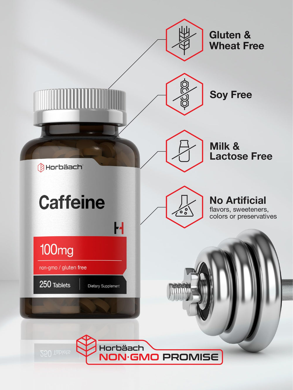 Horbaach Caffeine Pills 100 mg dosage close-up for strength on commute.