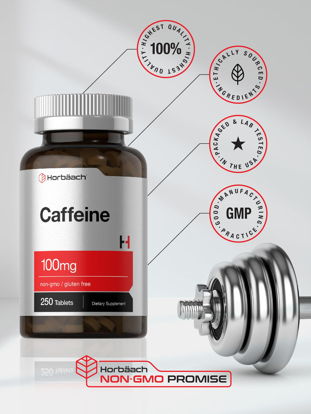 Horbaach Caffeine Pills packaging front view with 250-count bottle.