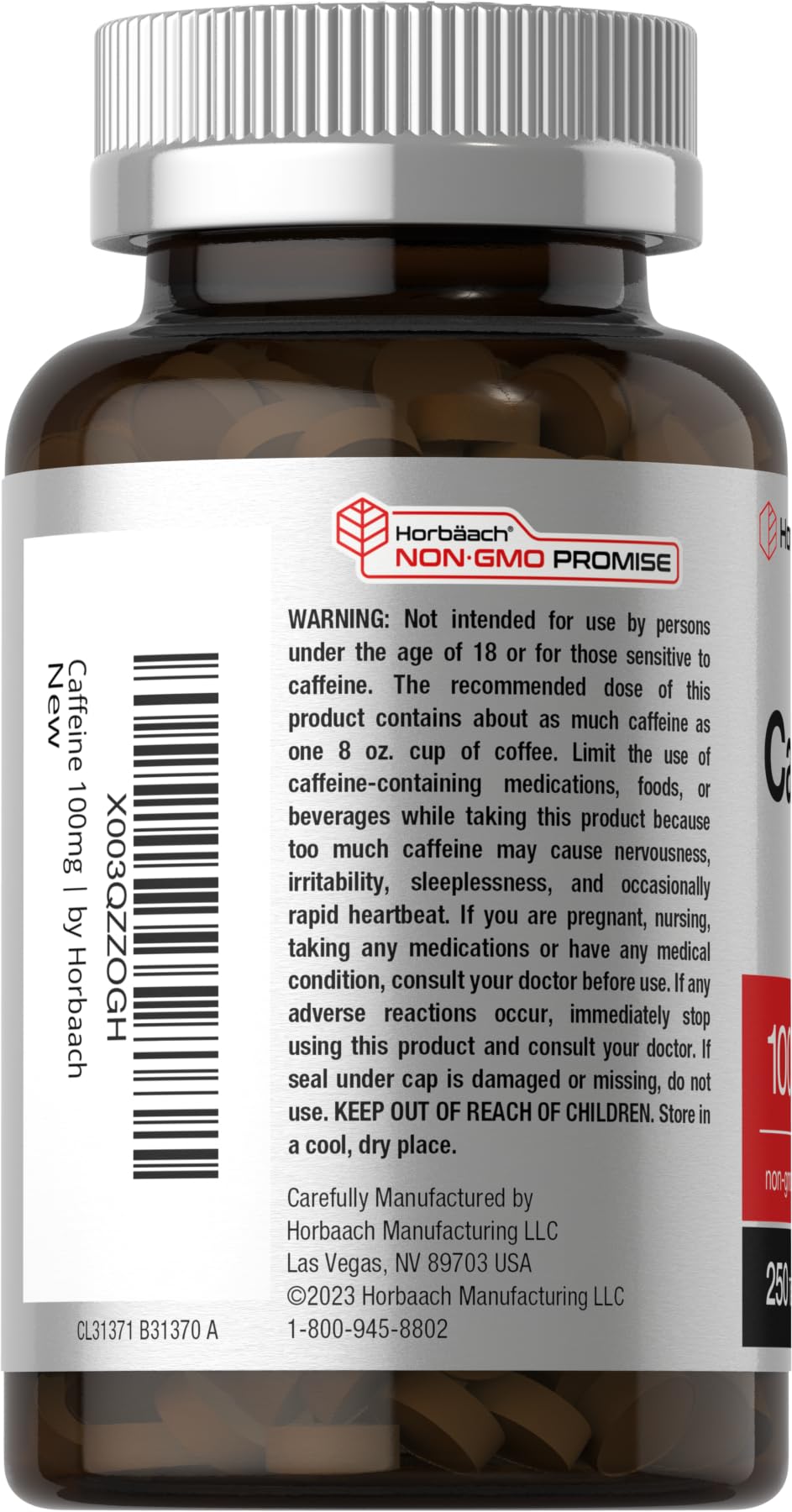 Horbaach Caffeine Pills gluten-free and non-GMO for sensitive diets.