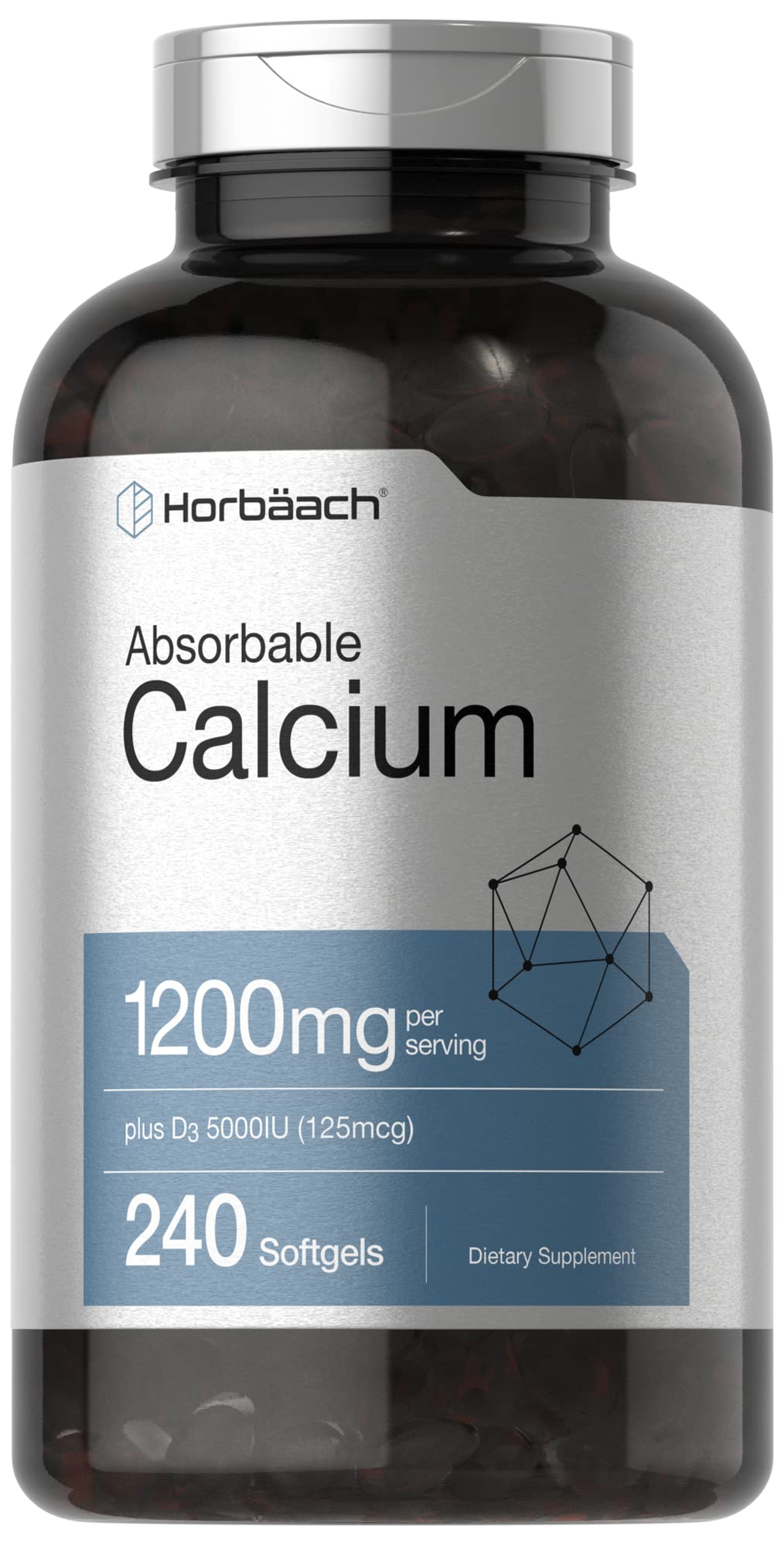 Horbäach Calcium 1200 mg softgels bottle indicating daily bone support.