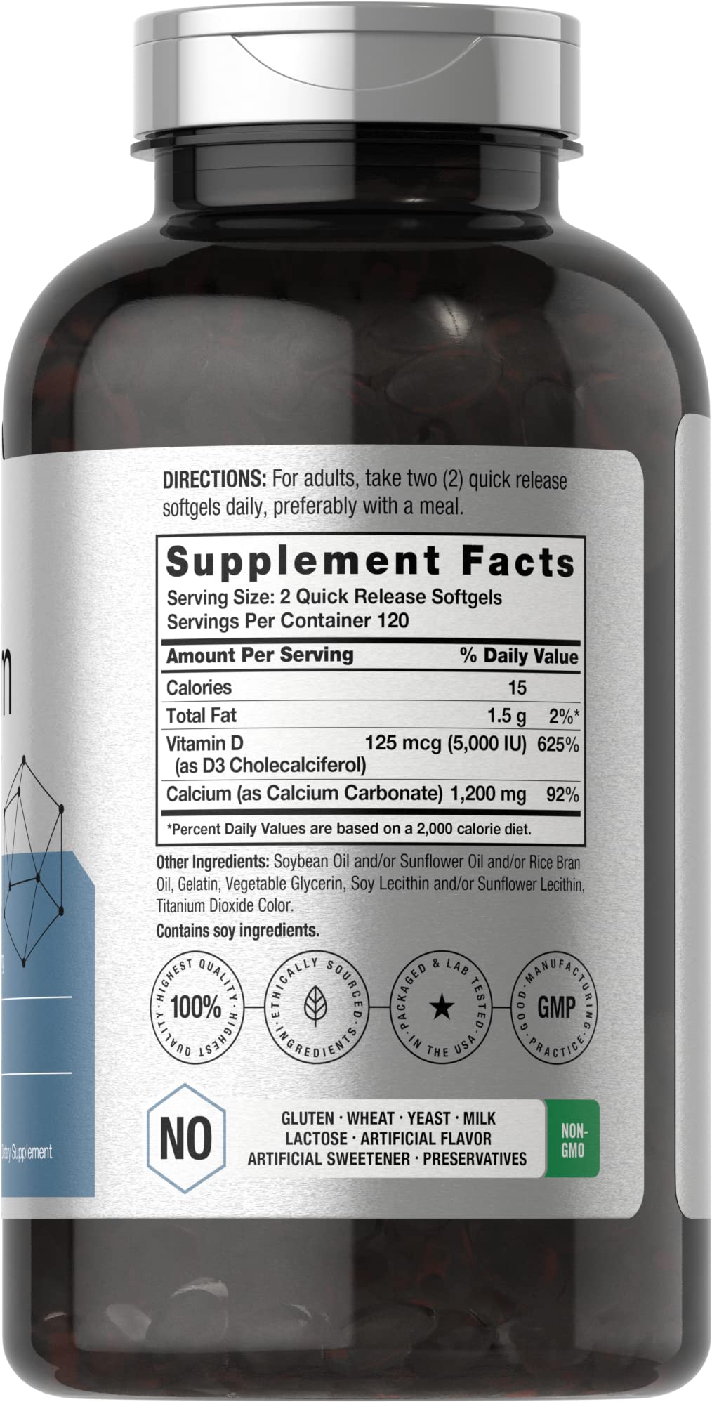 Horbäach Calcium 1200 mg softgels close-up label highlighting dosage.