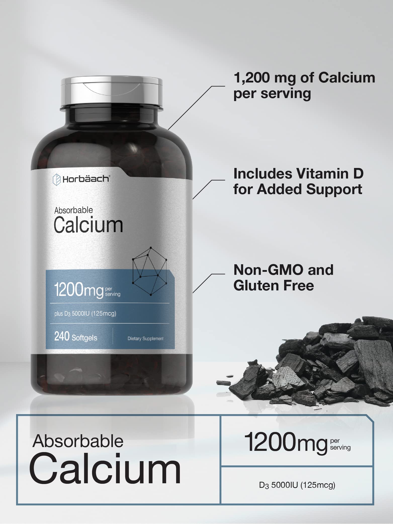 Horbäach Calcium D3 5000 IU softgels bottle demonstrates supplementation.