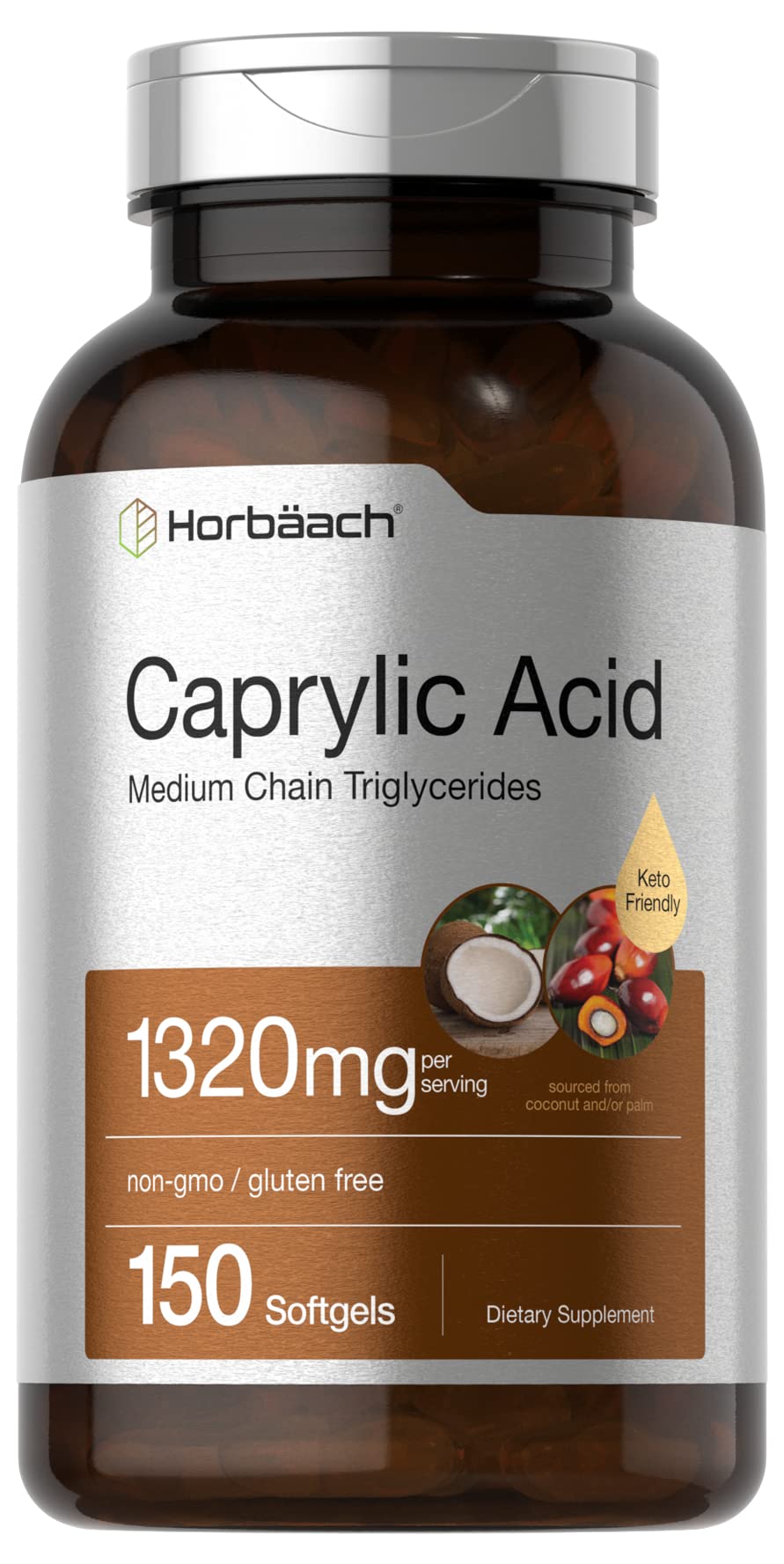 Horbaach Caprylic Acid 1320mg softgels bottle shows fast-absorbing support for keto routines.