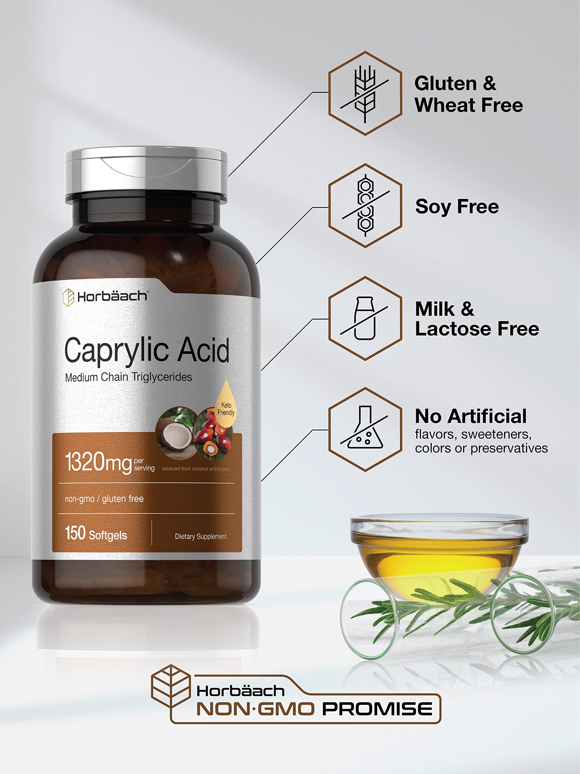 Horbaach Caprylic Acid 1320mg softgels capsules closeup highlights rapid absorption potential.
