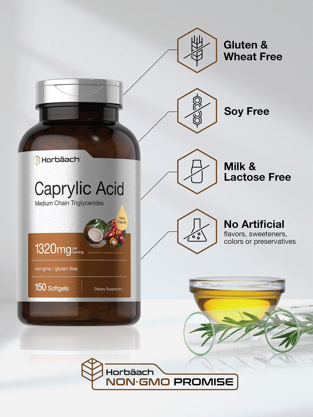 Horbaach Caprylic Acid 1320mg softgels capsules closeup highlights rapid absorption potential.