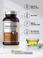 Horbaach Caprylic Acid 1320mg softgels capsules closeup highlights rapid absorption potential.