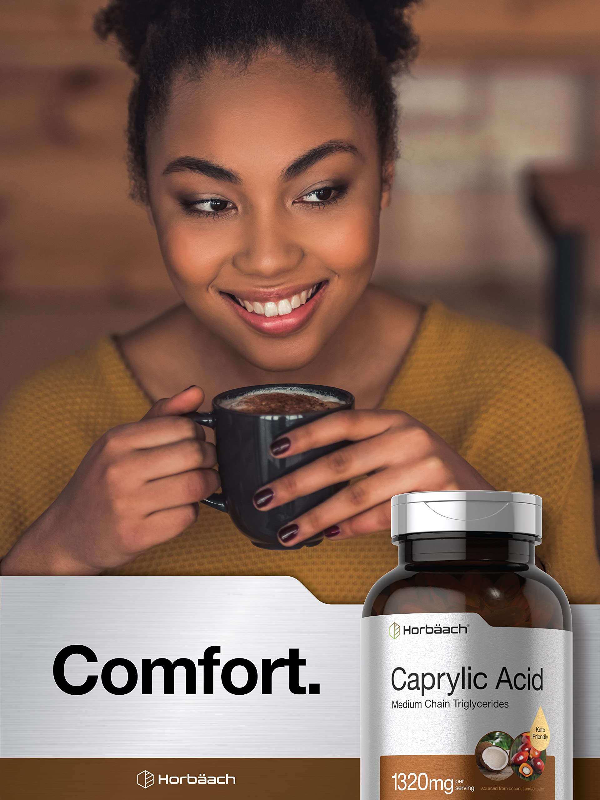 Horbaach Caprylic Acid 1320mg softgels sourced from MCT coconut and palm kernel oils.
