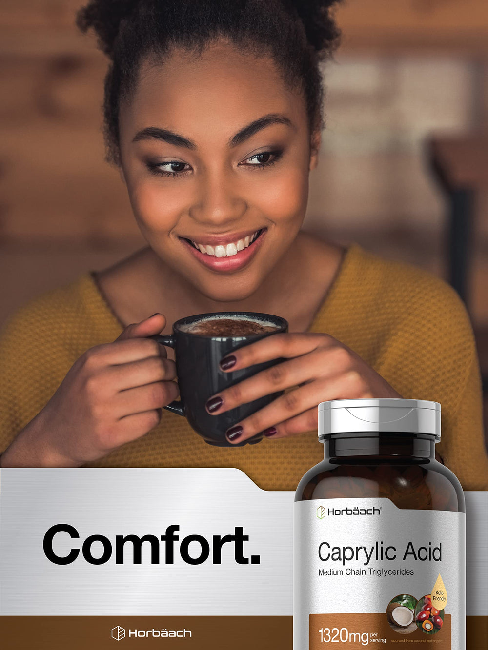 Horbaach Caprylic Acid 1320mg softgels sourced from MCT coconut and palm kernel oils.