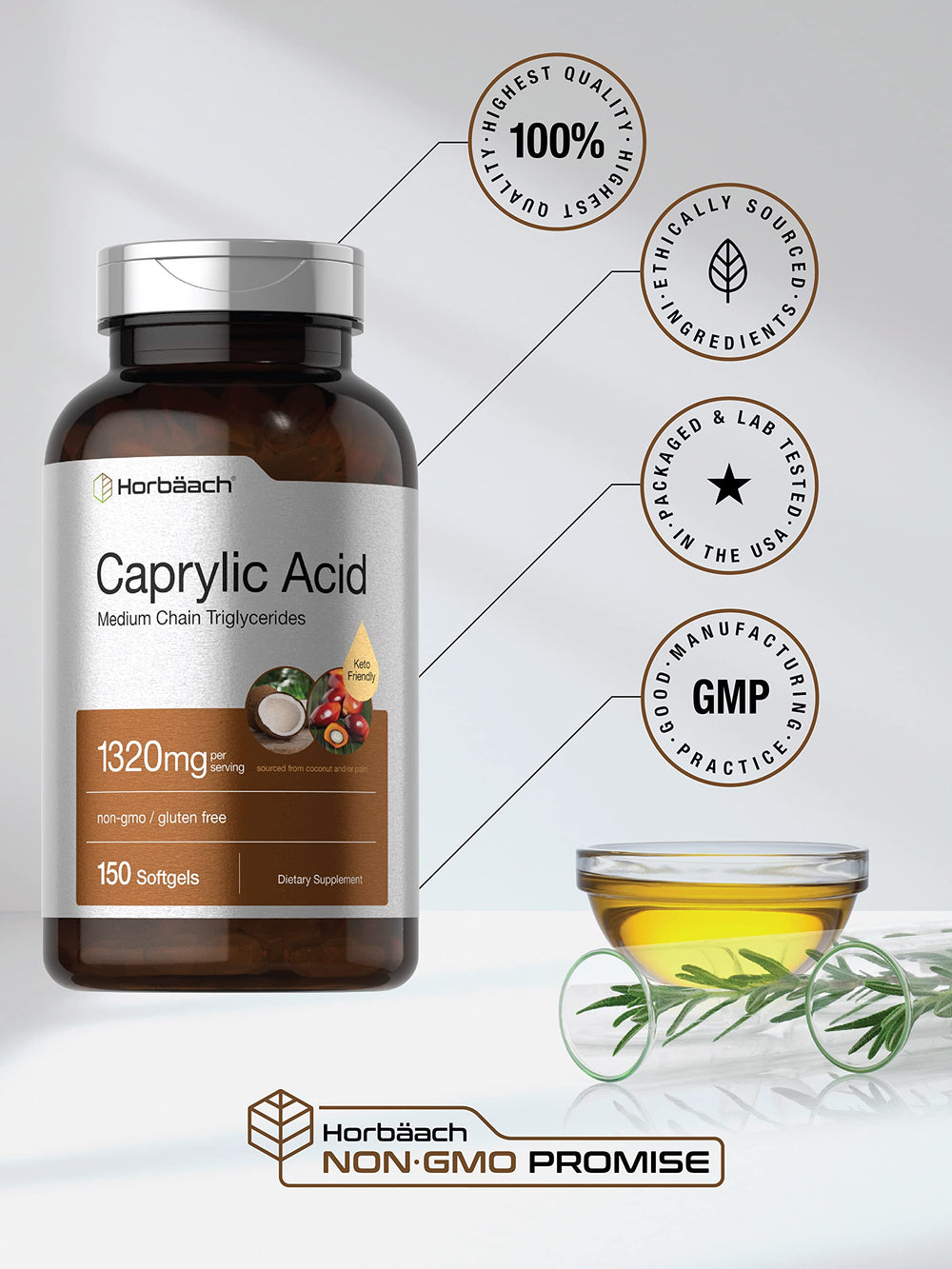 Horbaach Caprylic Acid 1320mg packaging box shows premium quality assurance.