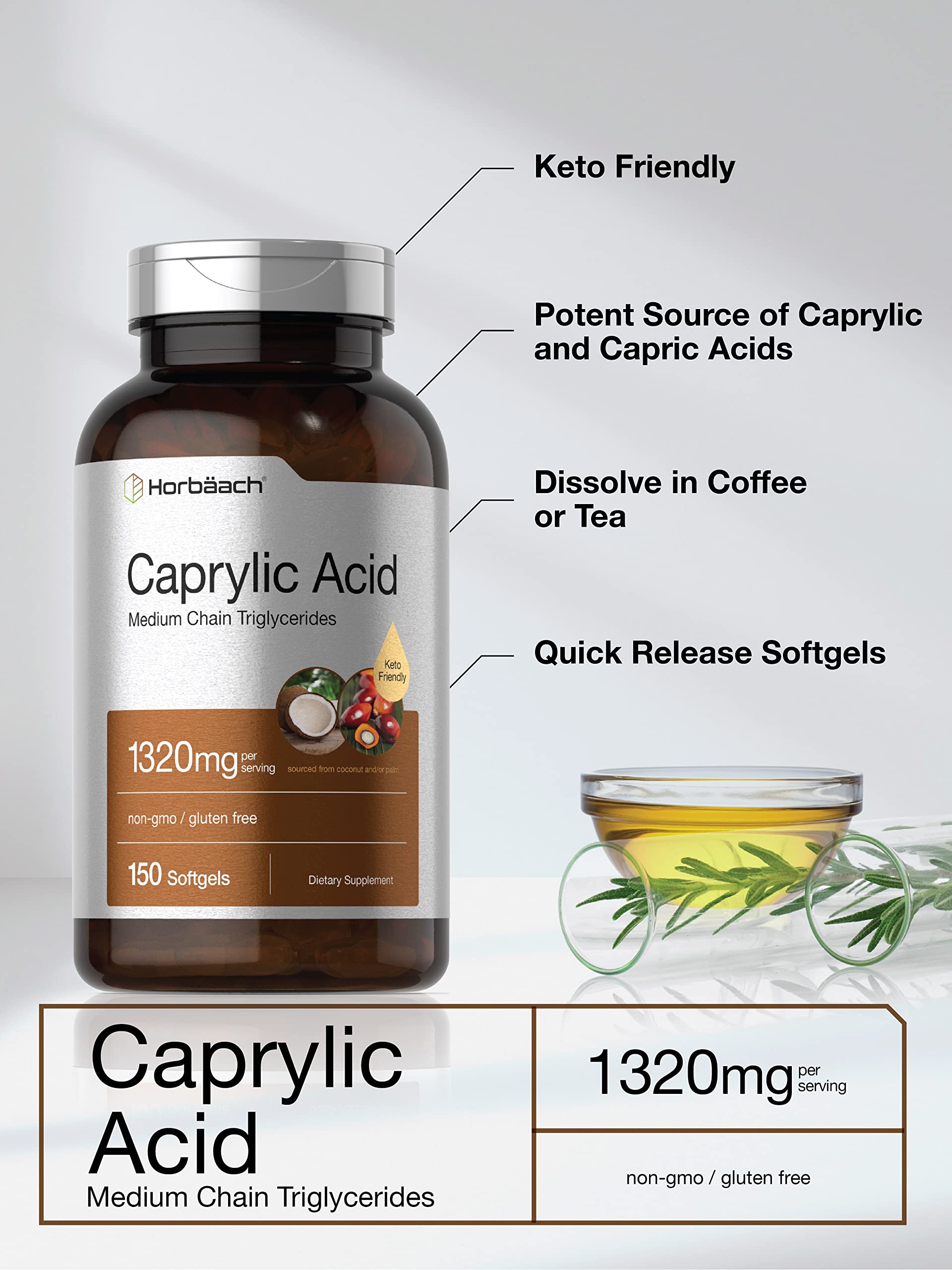 Horbaach Caprylic Acid 1320mg softgels pour demonstrates easy daily use.