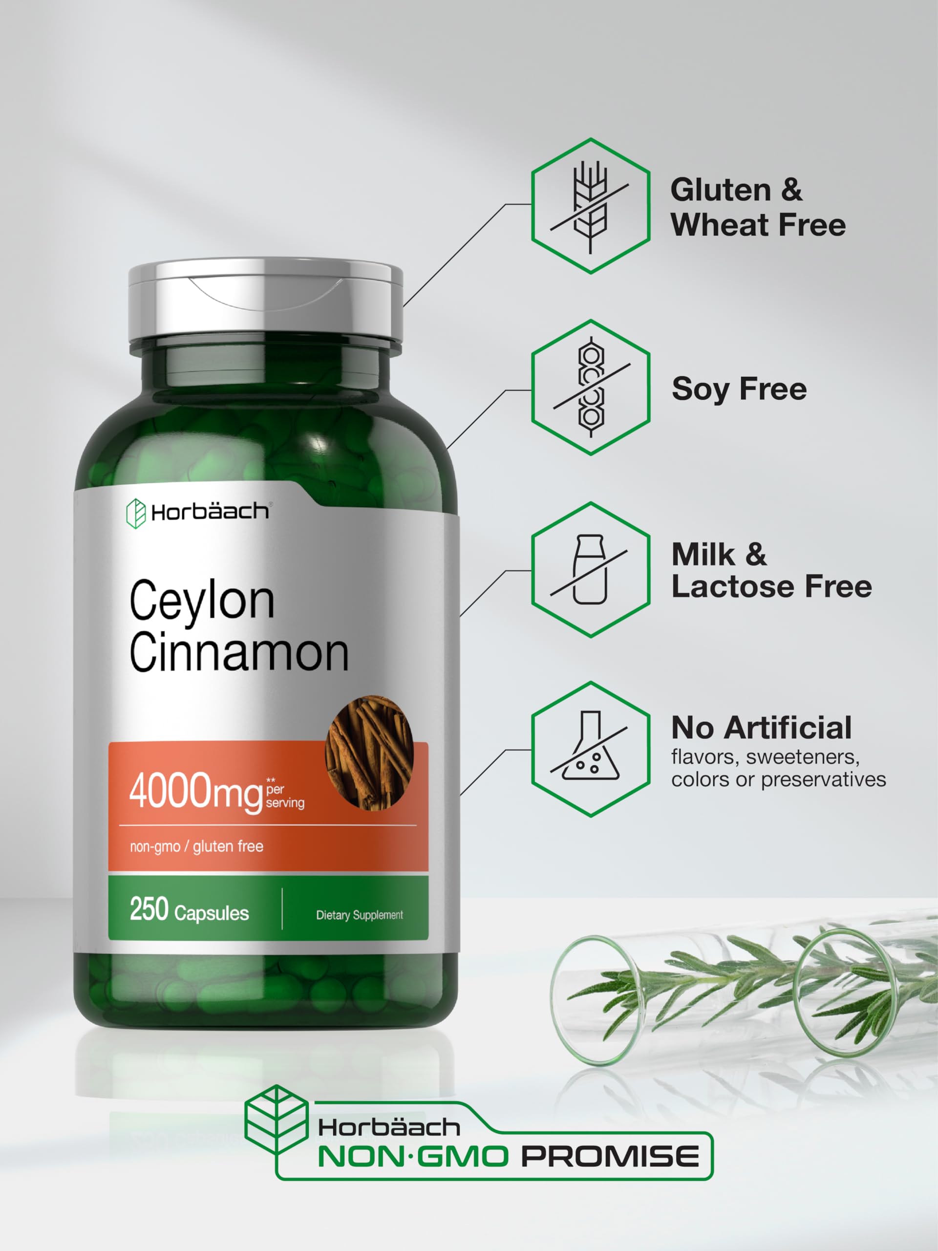 Horbäach Ceylon Cinnamon Capsules poured serving suggests easy addition to drinks