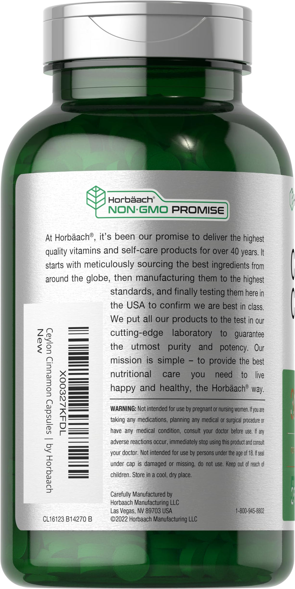 Horbäach Ceylon Cinnamon Capsules label close-up showing non-GMO claim