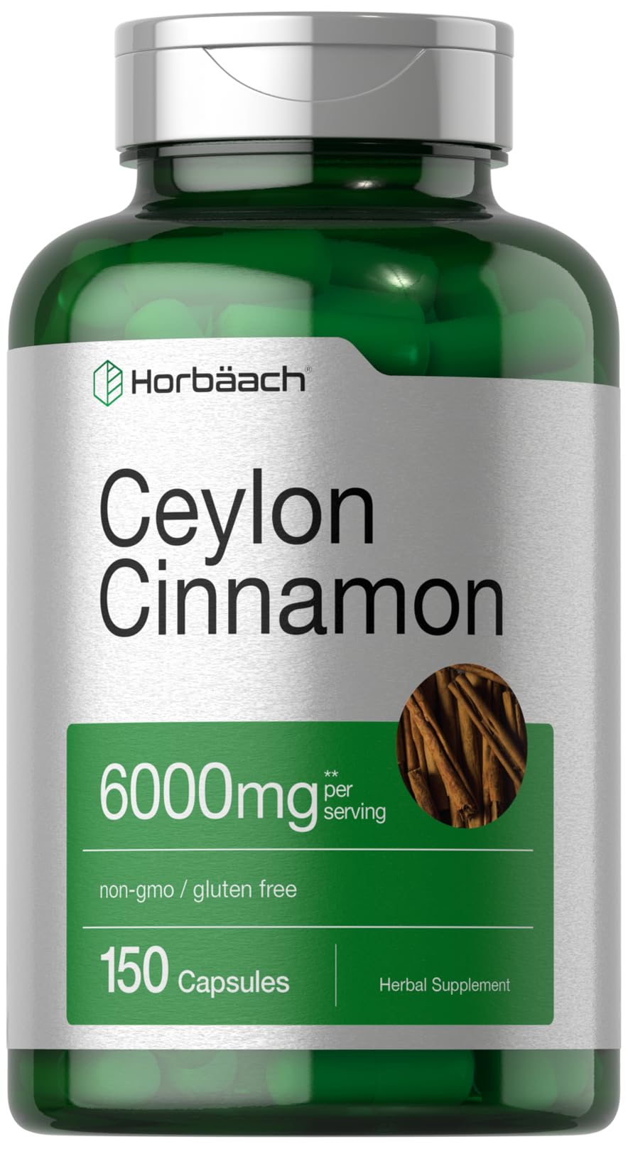 Horbäach Ceylon Cinnamon supplement bottle shows true cinnamon in convenient capsules for daily use.