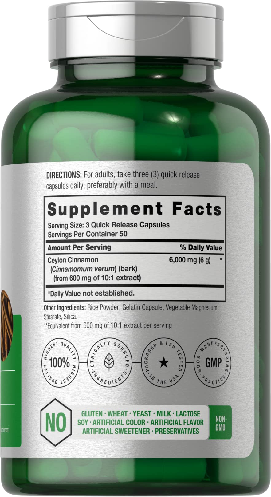Horbäach Ceylon Cinnamon supplement capsules close-up, highlighting easy swallowing and quick-release convenience.