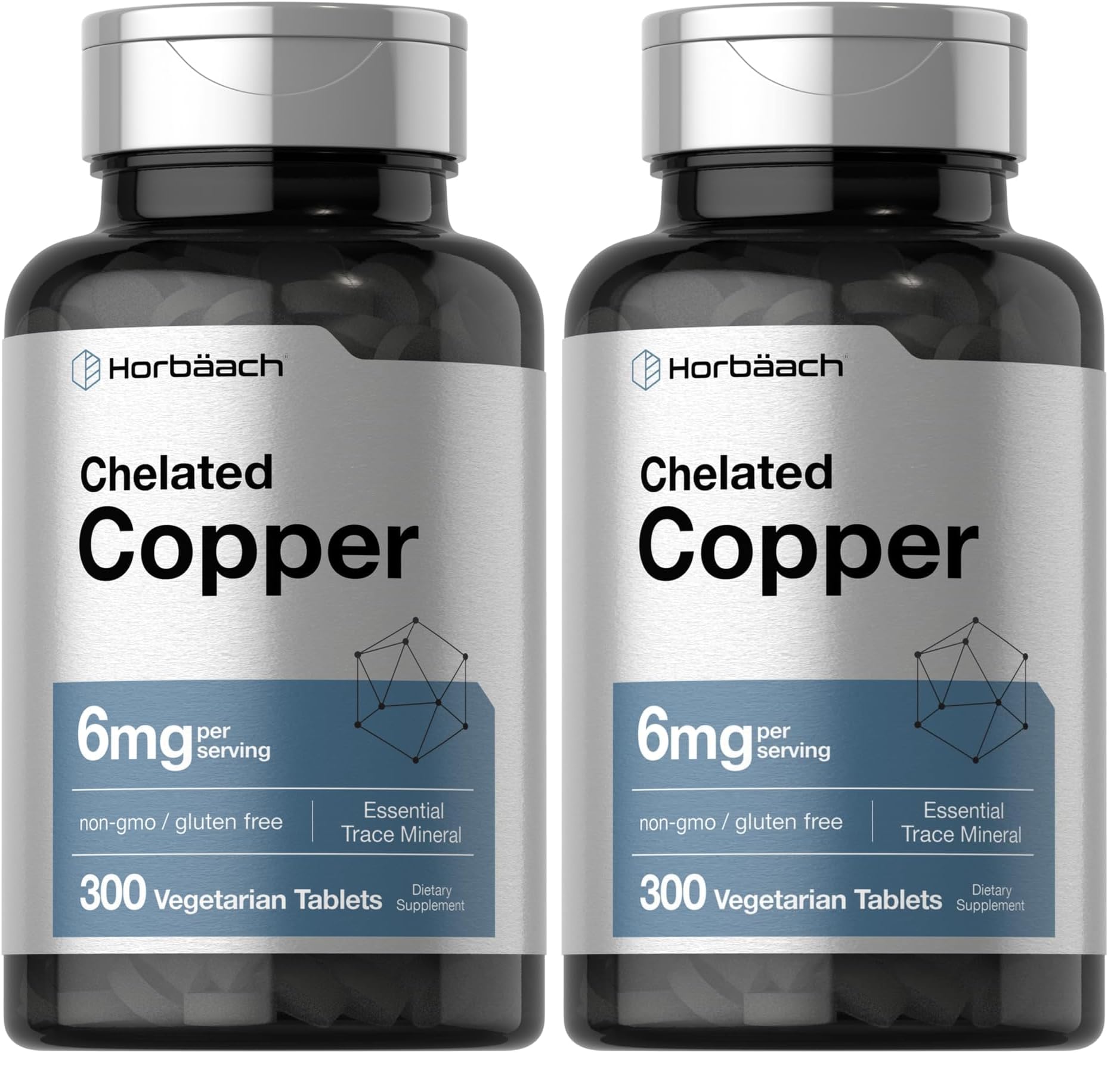 Horbäach Chelated Copper 6 mg bottle pour, easy-to-swallow vegetarian tablets.