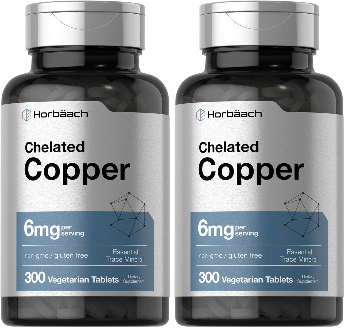 Horbäach Chelated Copper 6 mg bottle pour, easy-to-swallow vegetarian tablets.