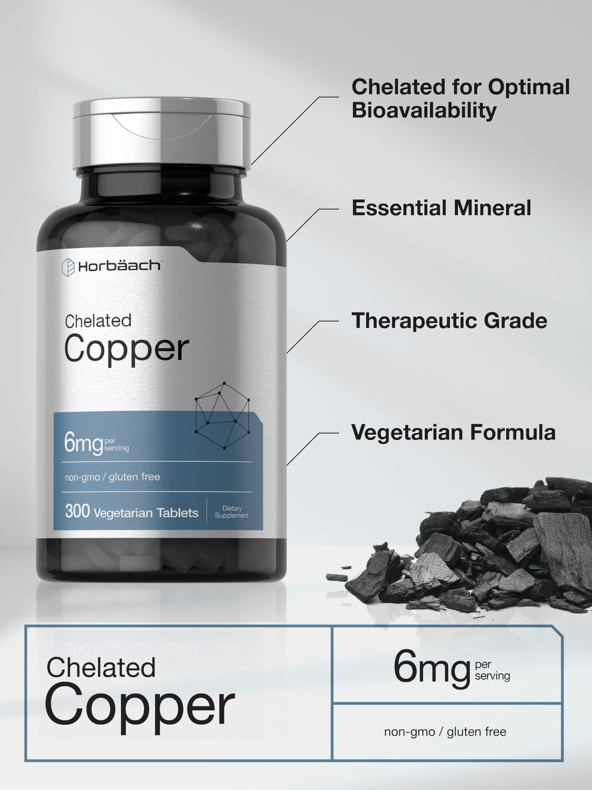 Horbäach Chelated Copper 6 mg label details with high-purity ingredients.