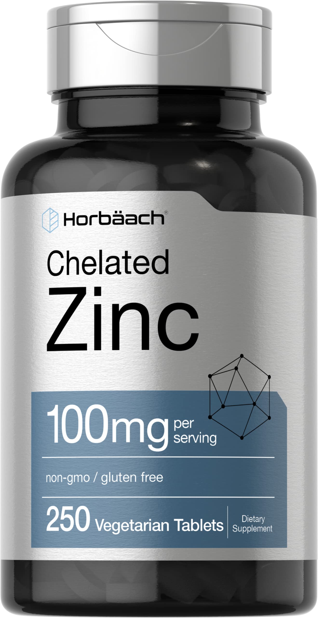 Horbäach Chelated Zinc 100mg bottle supports daily wellness.