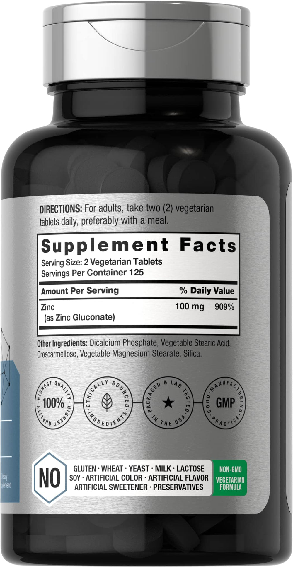 Horbäach Chelated Zinc 100mg label highlights non-GMO, gluten-free formula.