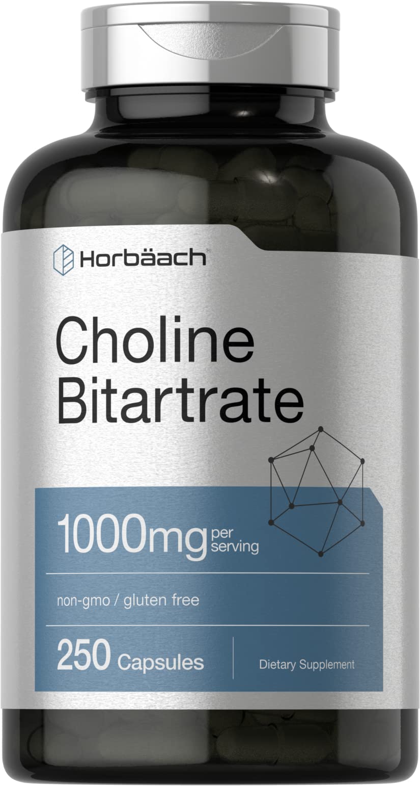 Horbaach Choline Bitartrate bottle front highlighting high potency and gluten-free formula.