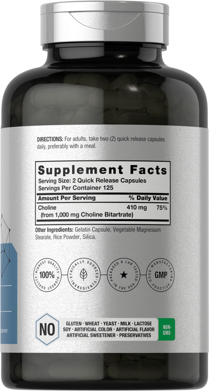 Closeup of Horbaach capsules showing quick-release choline in a non-GMO supplement.