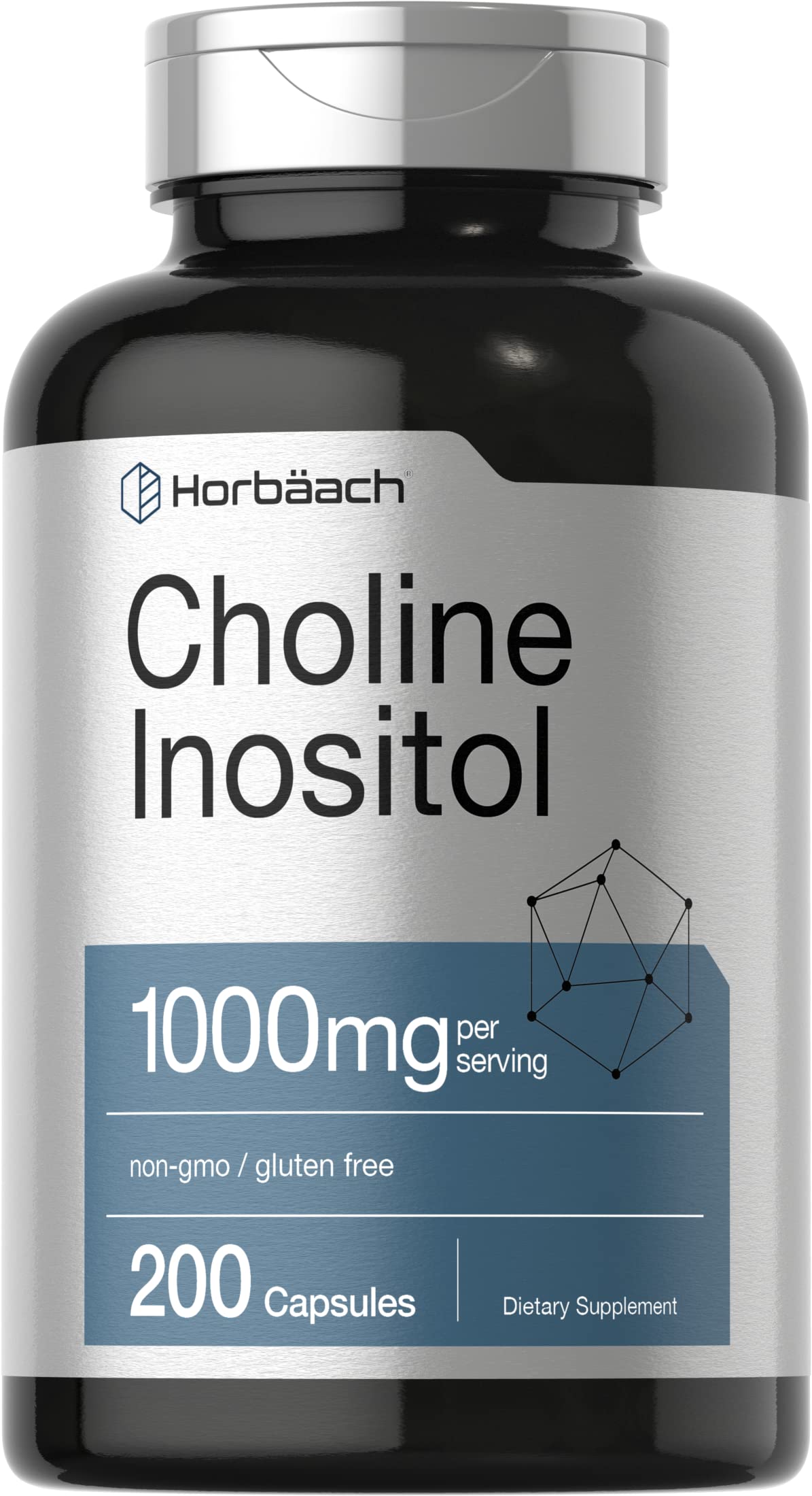 Horbaach Choline Inositol 1000mg bottle on counter for daily wellness routine.