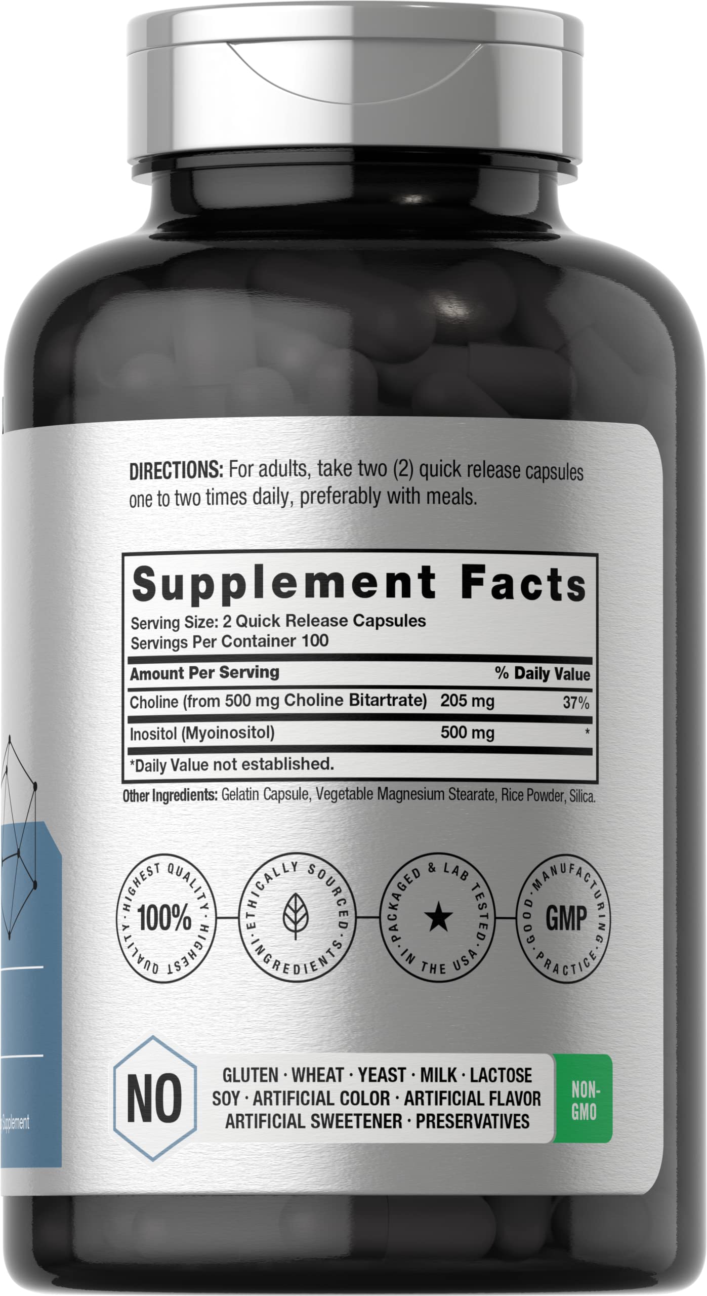 Horbaach Choline Inositol capsules close-up showing quick-release design.