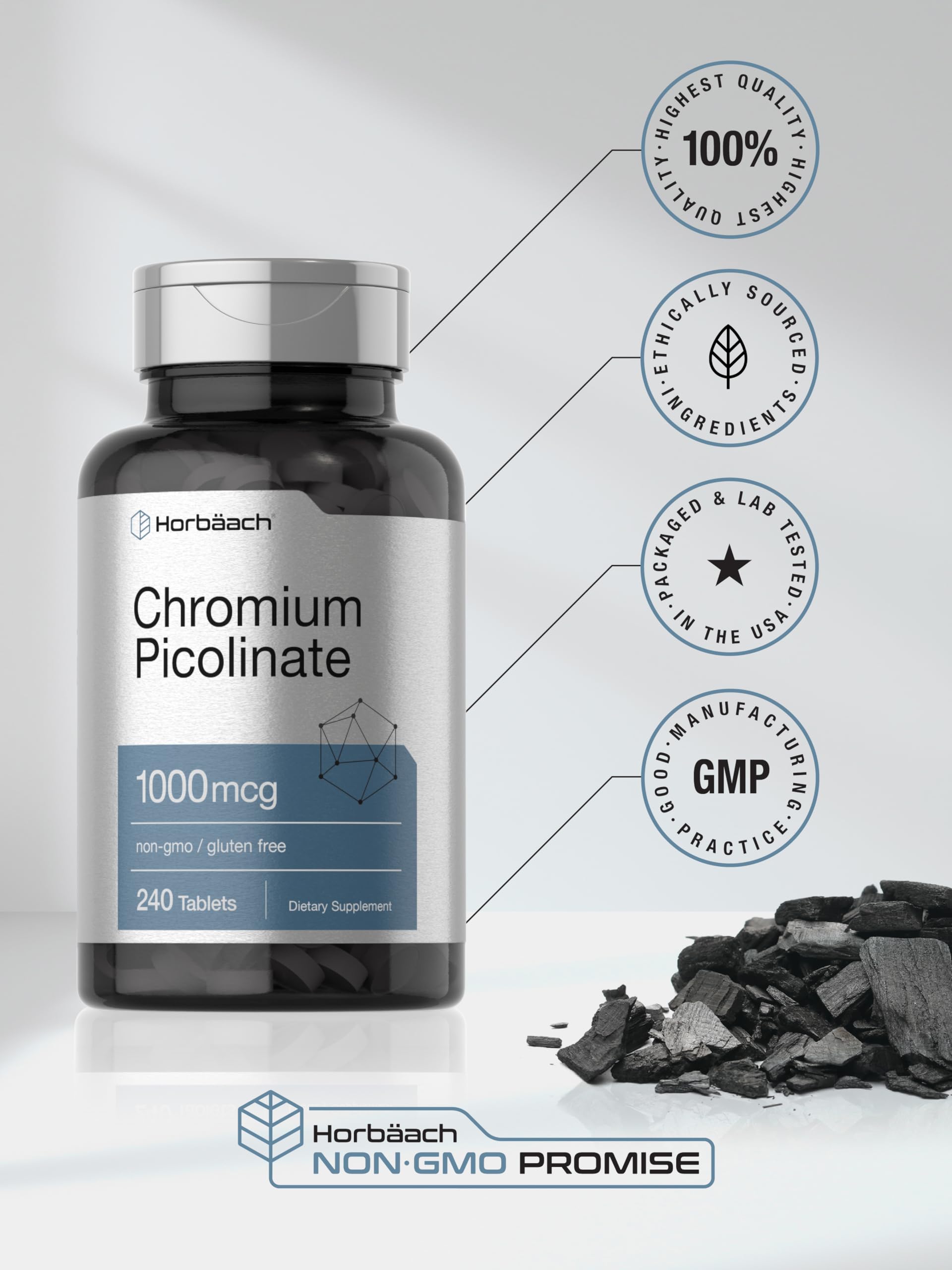 Horbaach Chromium Picolinate 1000mcg label artwork emphasizing purity and potency.
