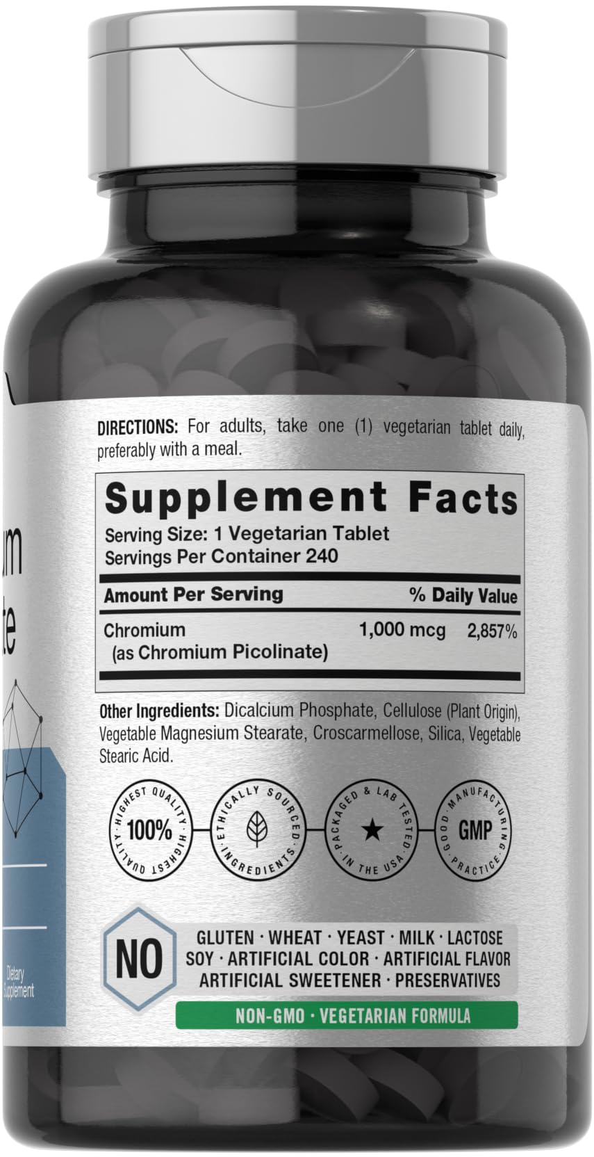 Horbaach Chromium Picolinate 1000mcg label highlighting gluten-free vegetarian formula.