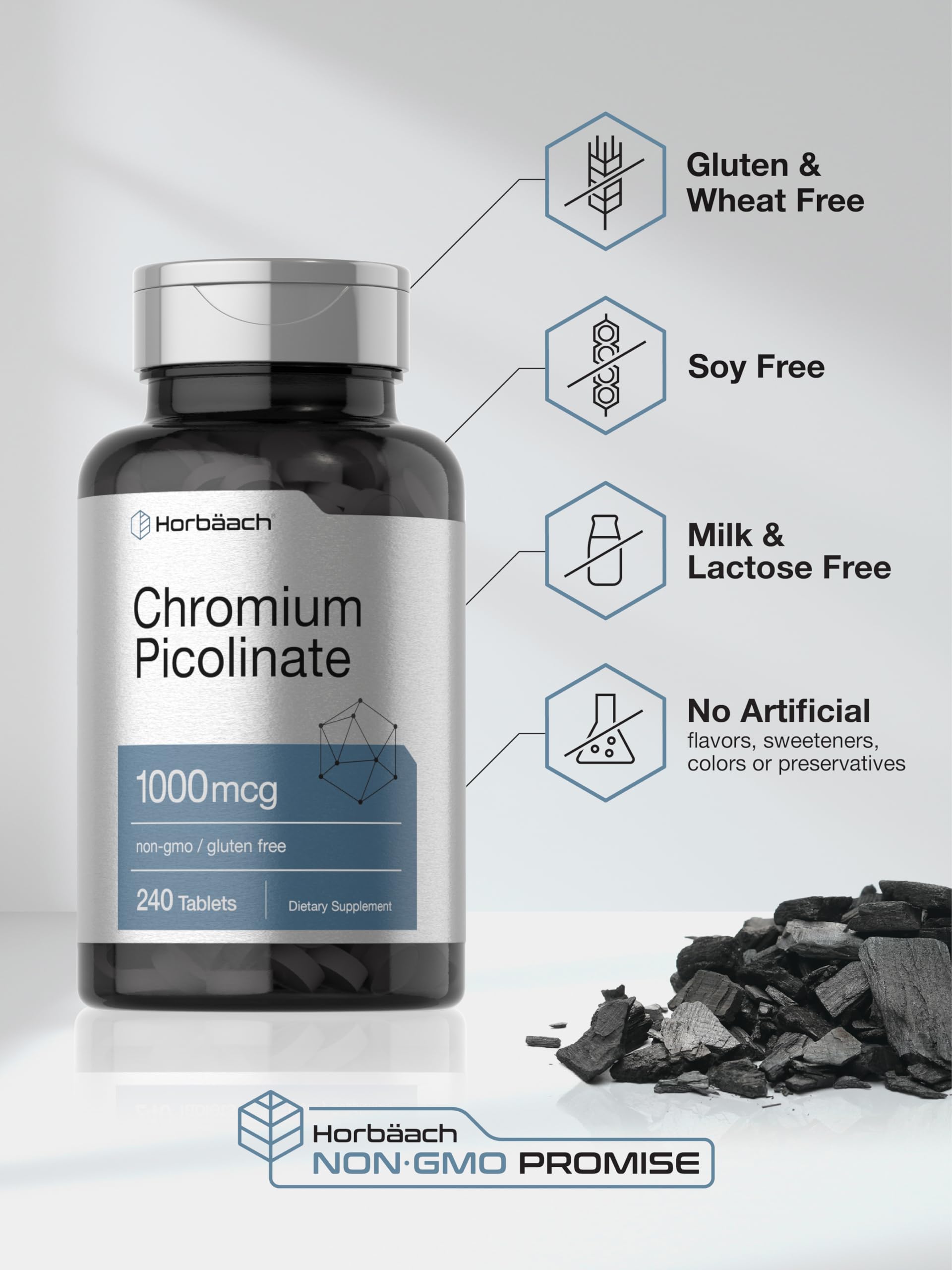 Horbaach Chromium Picolinate 1000mcg non-GMO gluten-free packaging details.