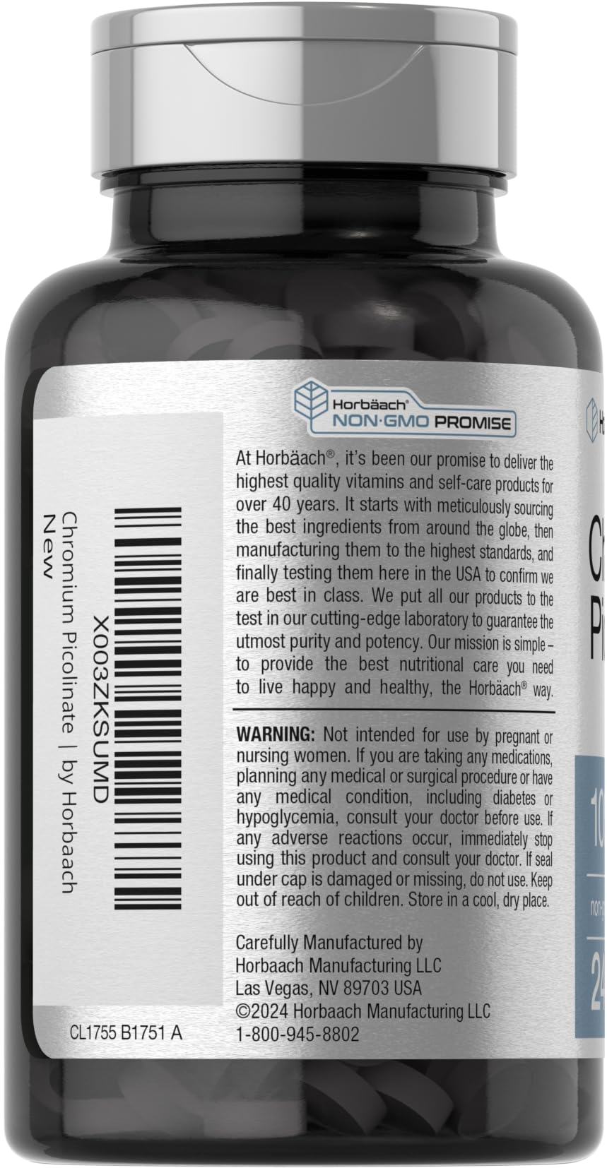 Closeup of Horbaach Chromium Picolinate 1000mcg tablets showing high potency pills.