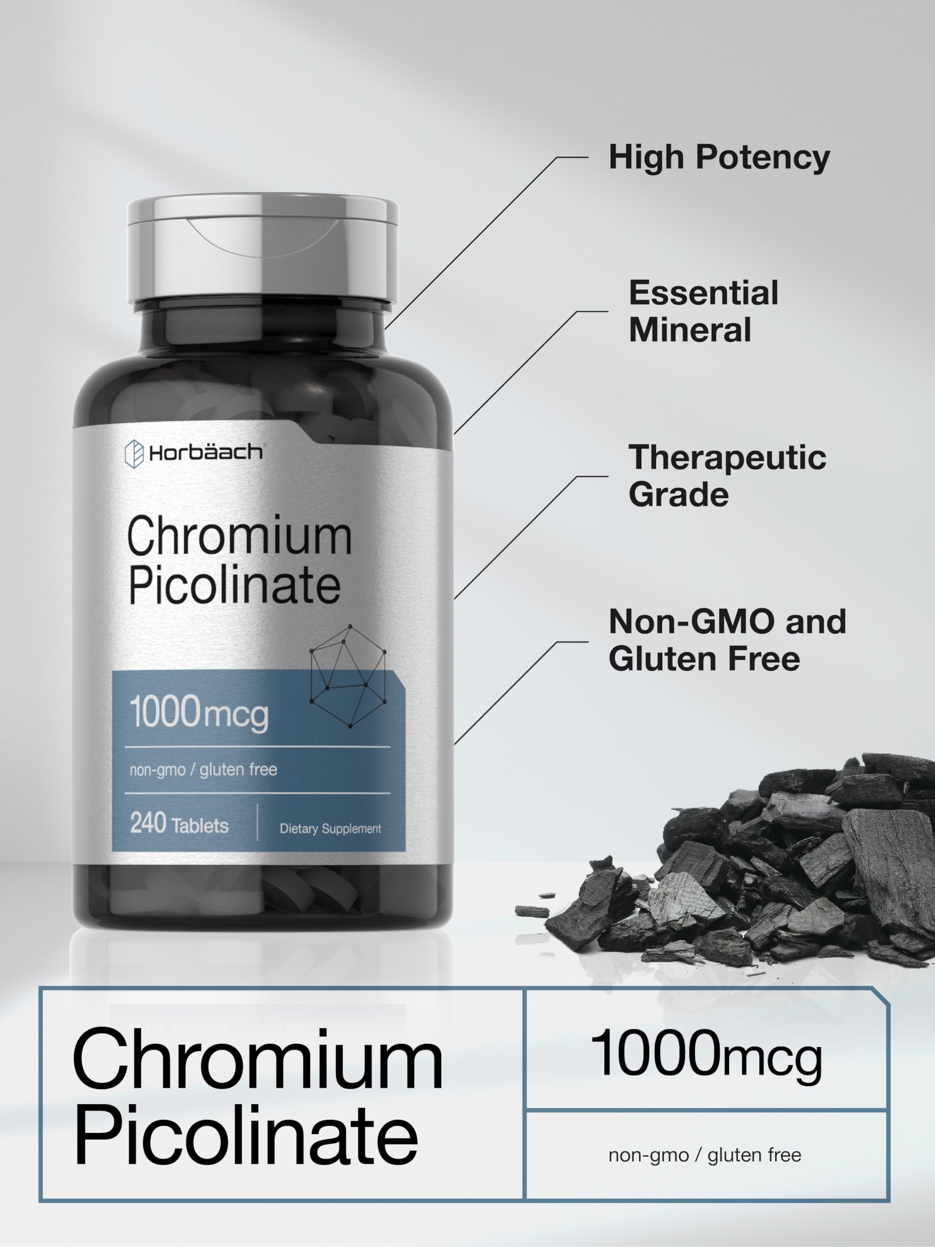 Horbaach Chromium Picolinate 1000mcg vegetarian formula ready for daily use.