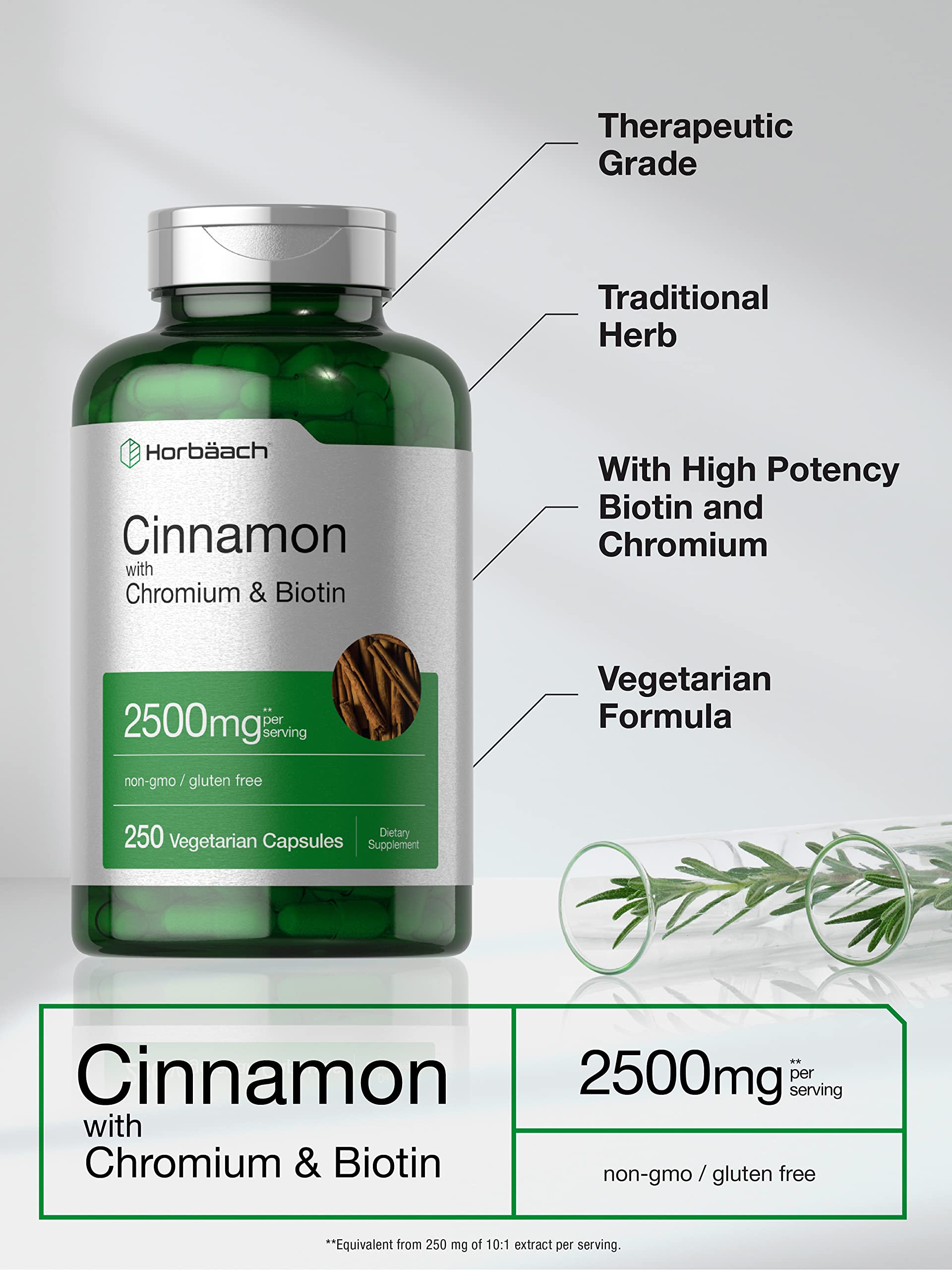 Horbäach Cinnamon with Chromium & Biotin capsules inside the bottle.