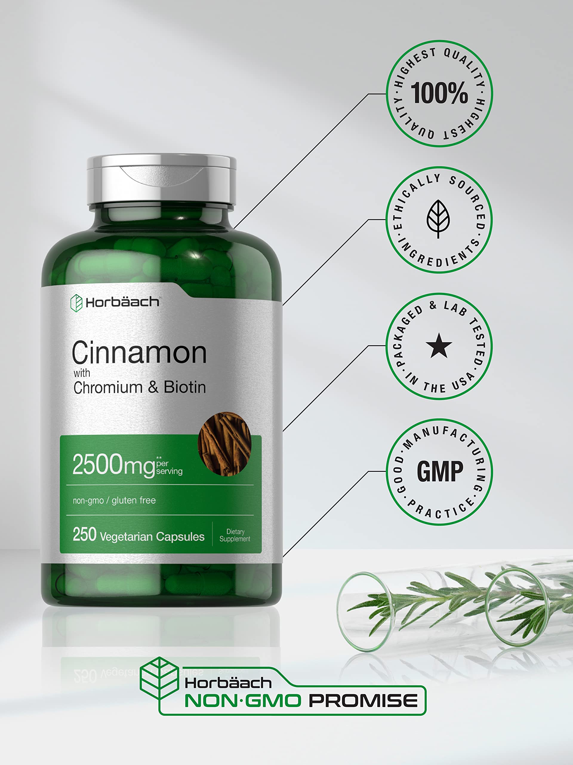 Horbäach Cinnamon label closeup communicates non-GMO and gluten-free quality.