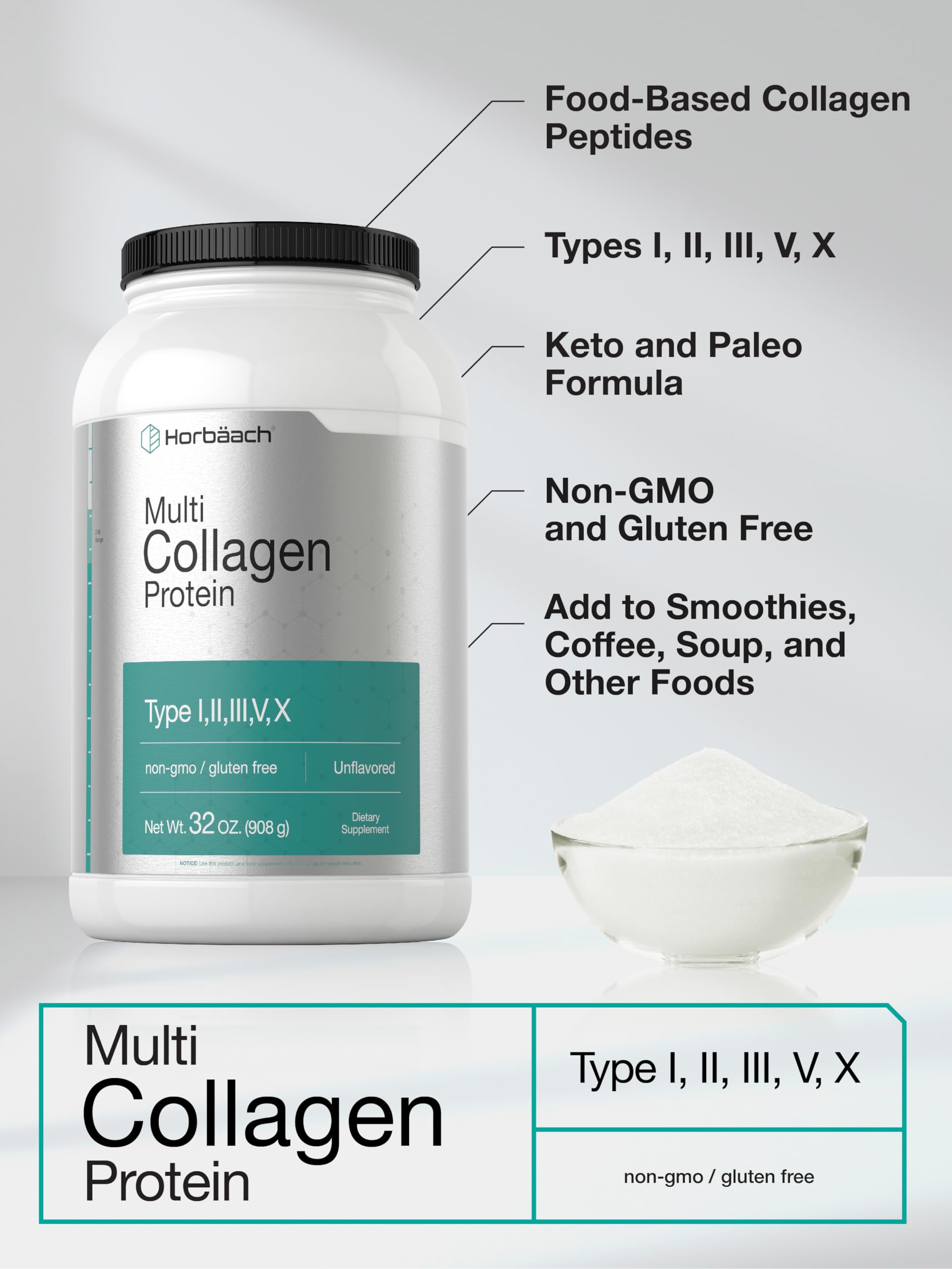 Horbaach unflavored collagen dissolves easily into coffee or smoothies.