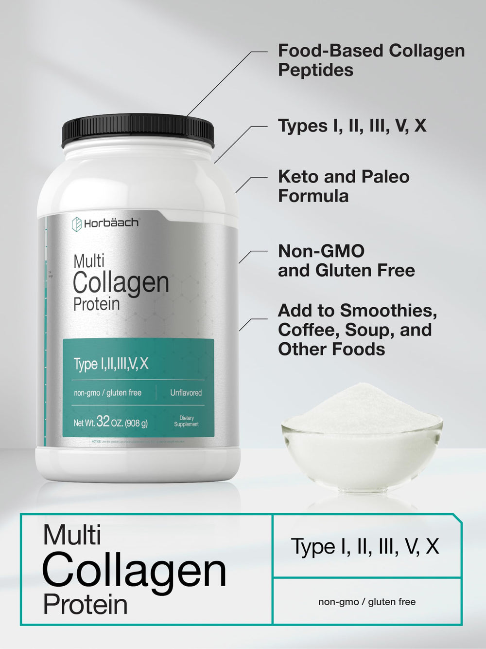 Horbaach unflavored collagen dissolves easily into coffee or smoothies.