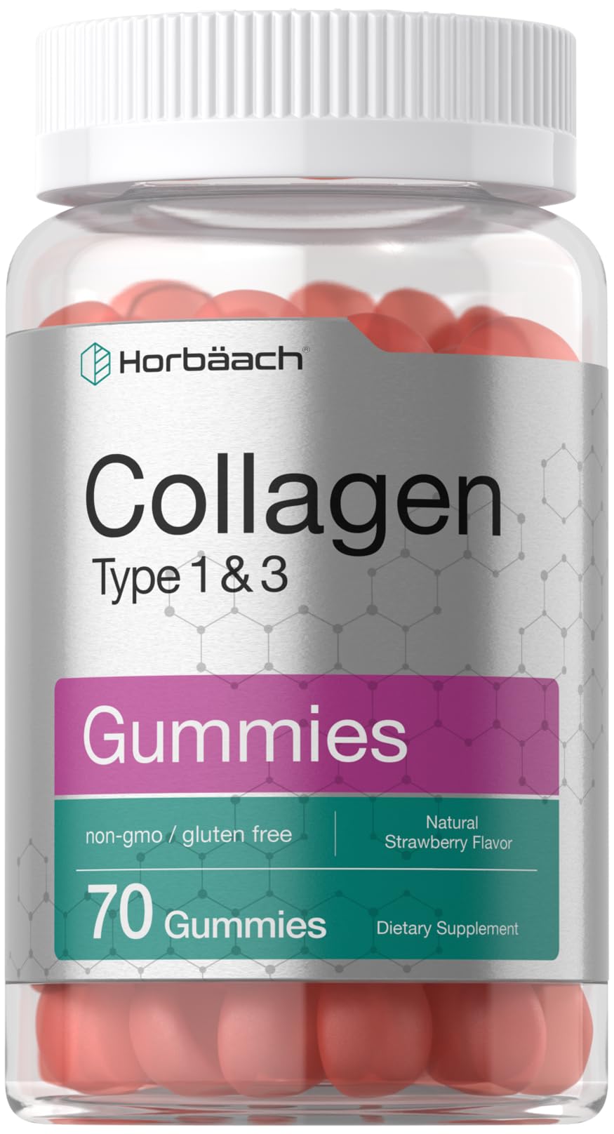 Horbäach collagen gummies strawberry bottle 70 count for daily beauty support