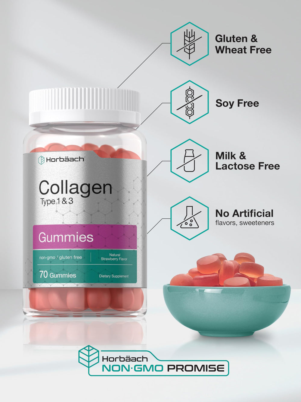 Horbäach collagen gummies being poured into a hand