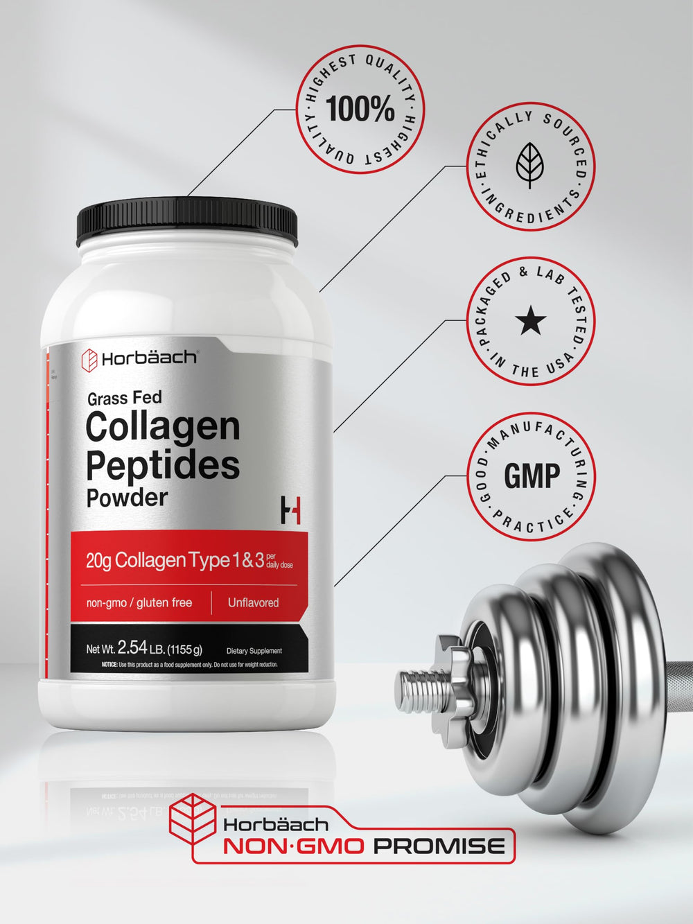 Horbaach Collagen Peptides Gluten Free Non-GMO suitable for gluten-free diets.
