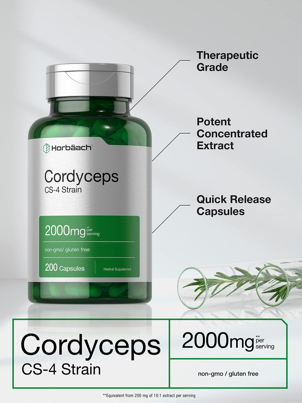 Horbäach Cordyceps CS-4 strain label on bottle.