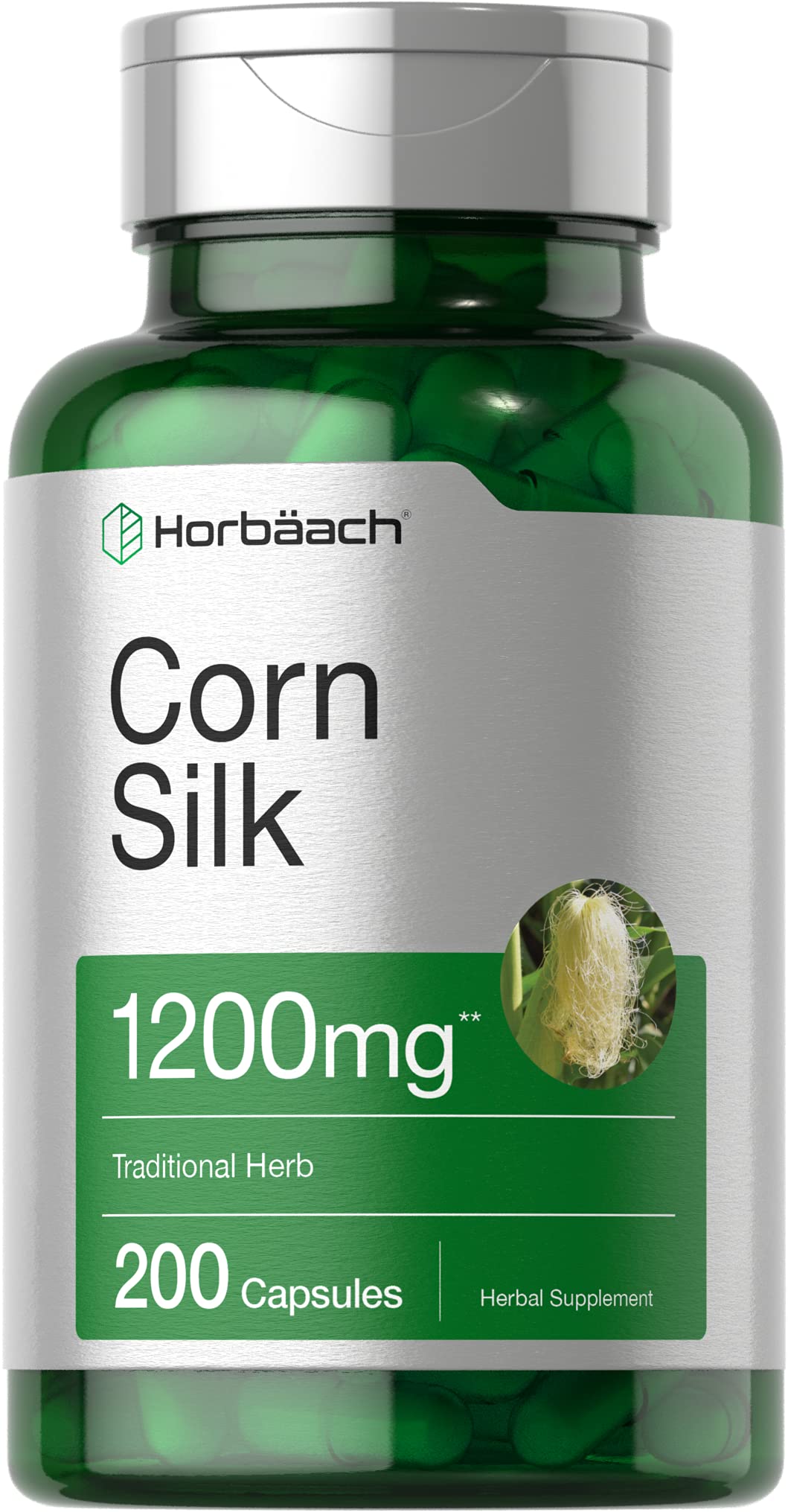 Horbäach Corn Silk Capsules bottle front for convenient daily use and easy identification