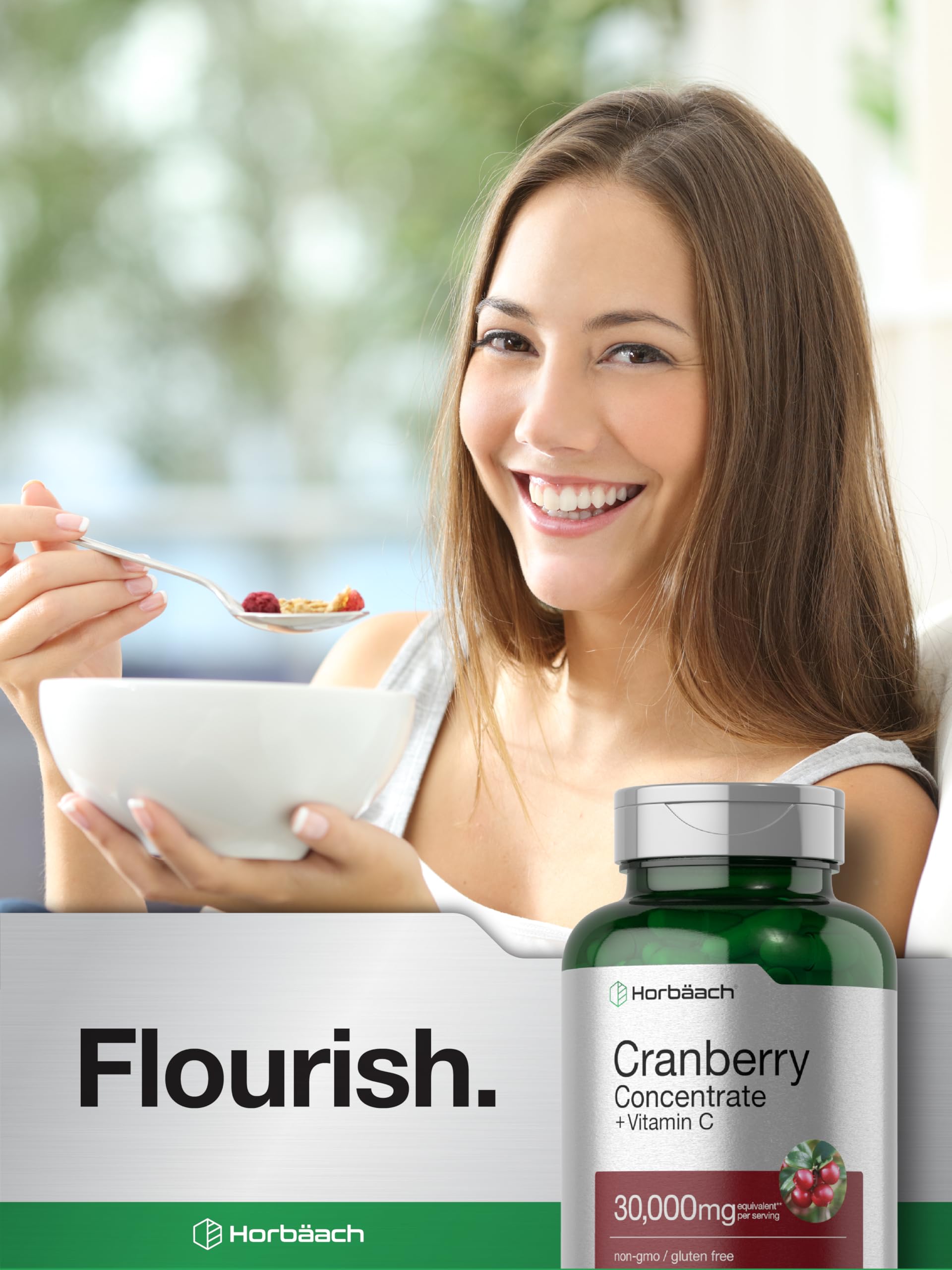 Horbaach Cranberry Concentrate bottle pouring capsules for quick serving.