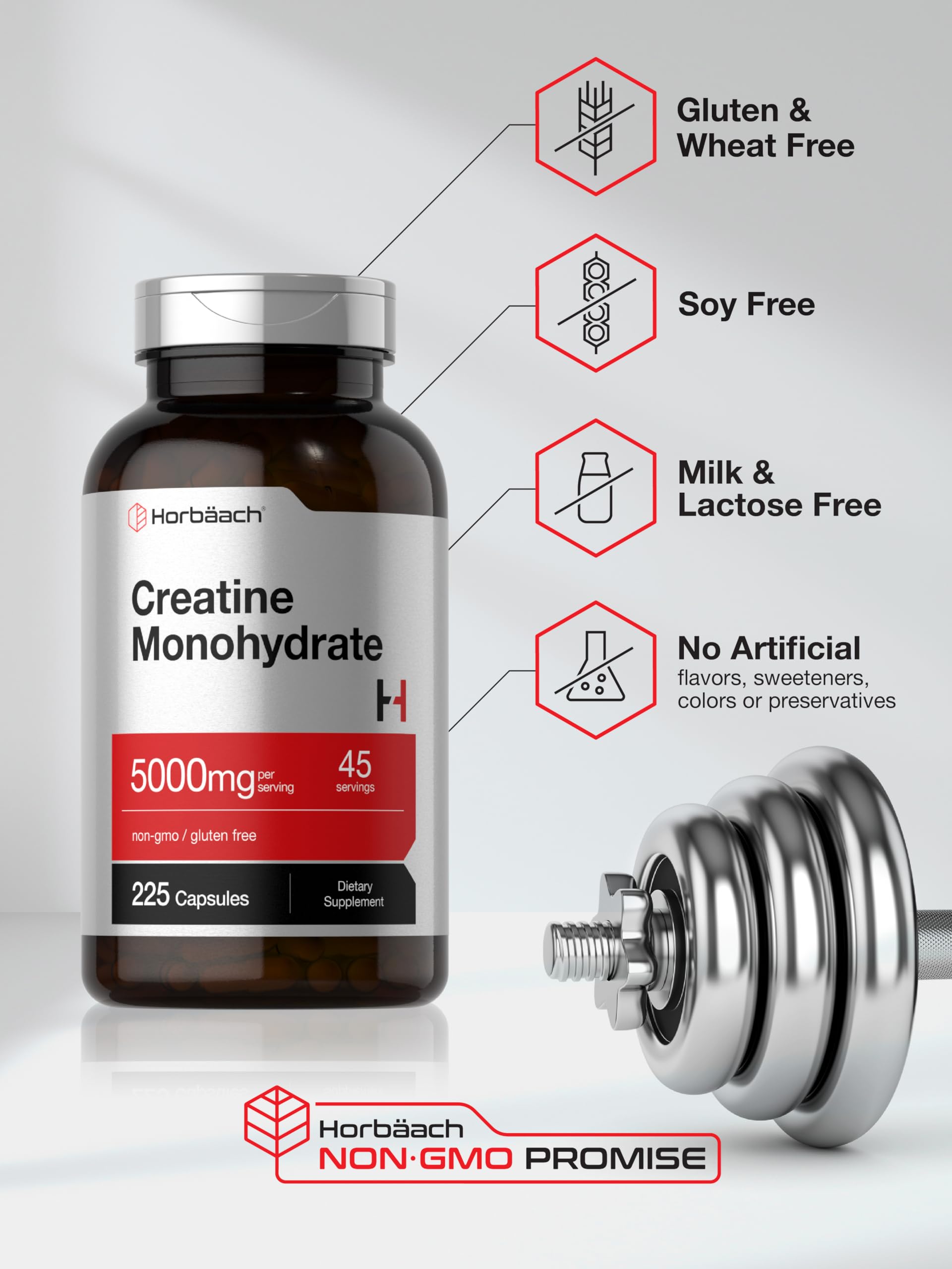 Horbäach Creatine Monohydrate back-panel-info with serving guidance.